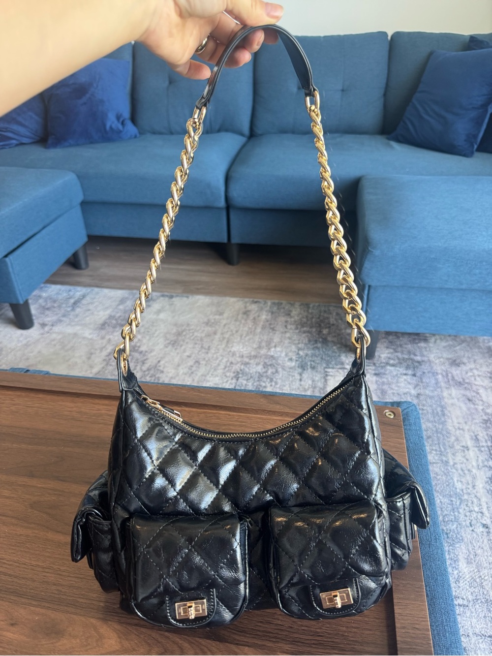 Black Quilted Leather Shoulder Bag with Gold Chain